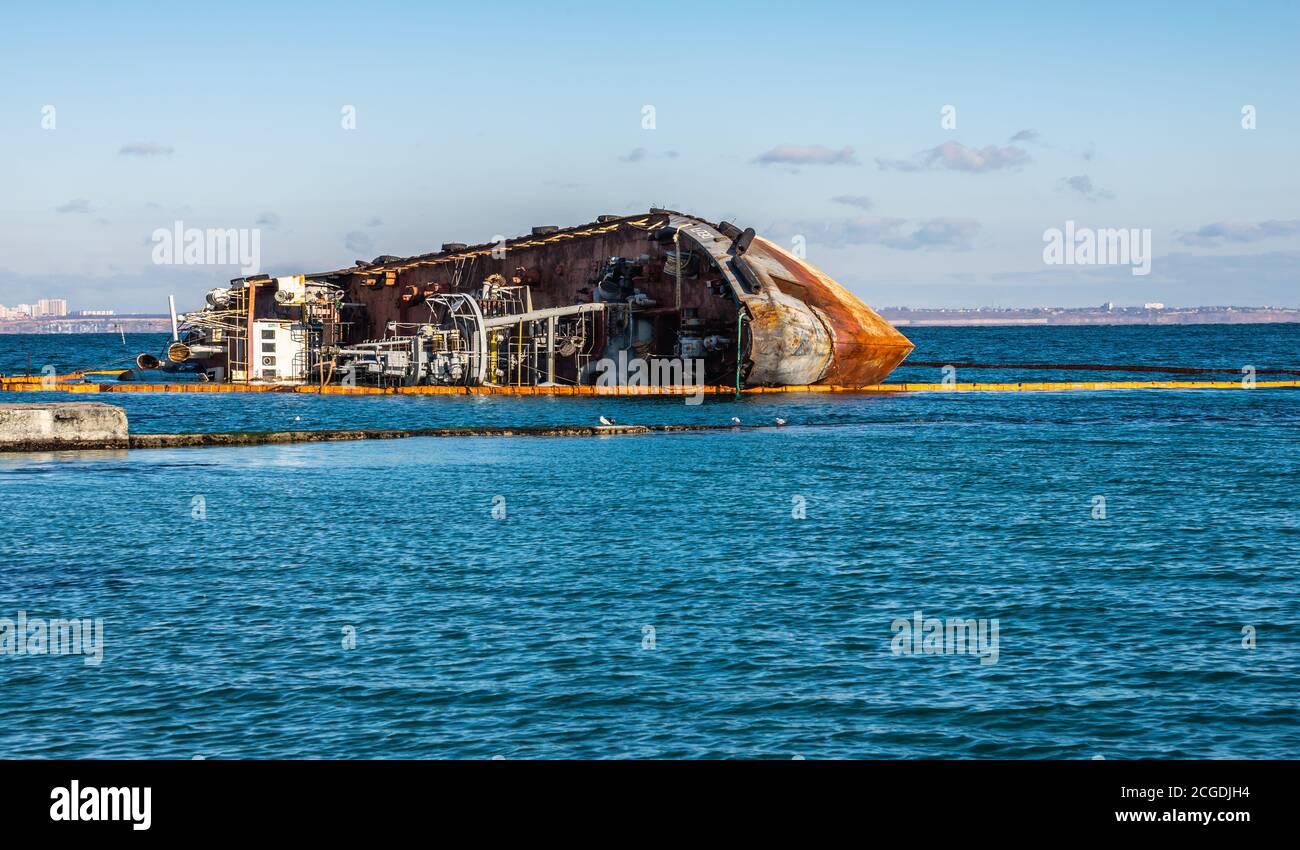 Odessa, Ukraine 12.04.2019. The wreck of a small tanker `DELFI` off the coast of Odessa on a sunny winter day Stock Photo